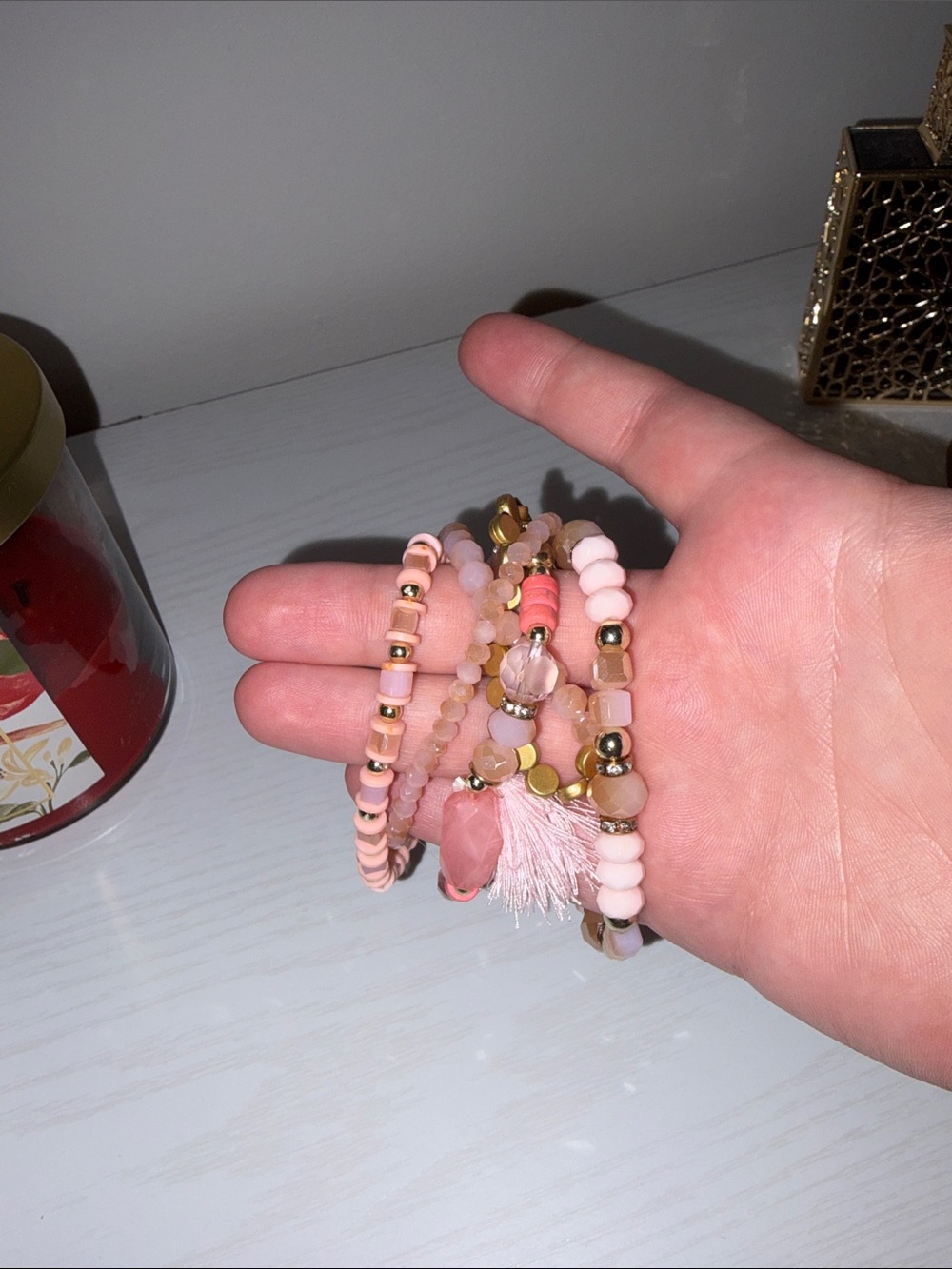 Pink Beaded Stretch Bracelet Set with Tassel